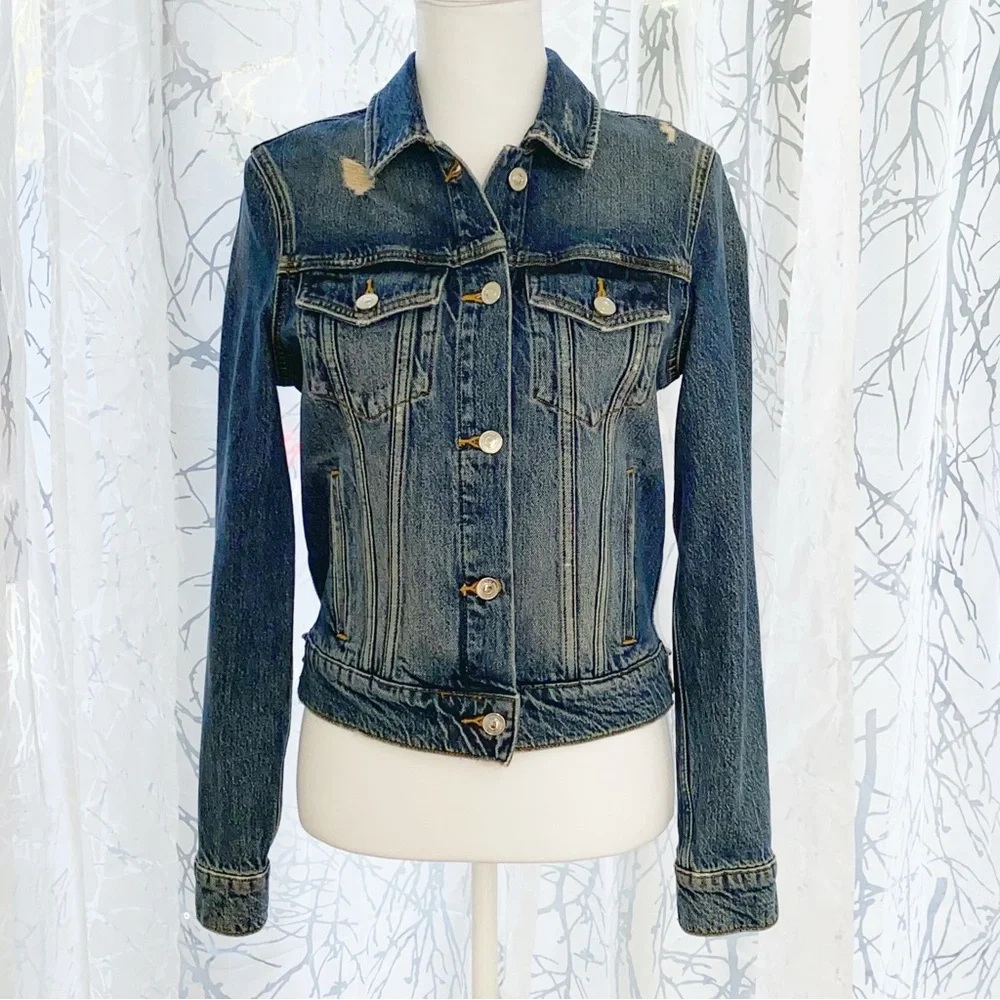 ALL SAINTS BLUE DISTRESSED HAY DENIM BUTTON UP COLLARED JEAN JACKET - Picture 4 of 10
